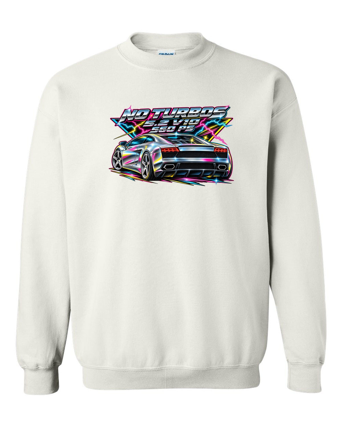 80s airbrush chrome Lamborghini Gallardo LP560-4 with the text NO TURBOS / 5.2 V10 / 560 PS white crewneck front view with the design