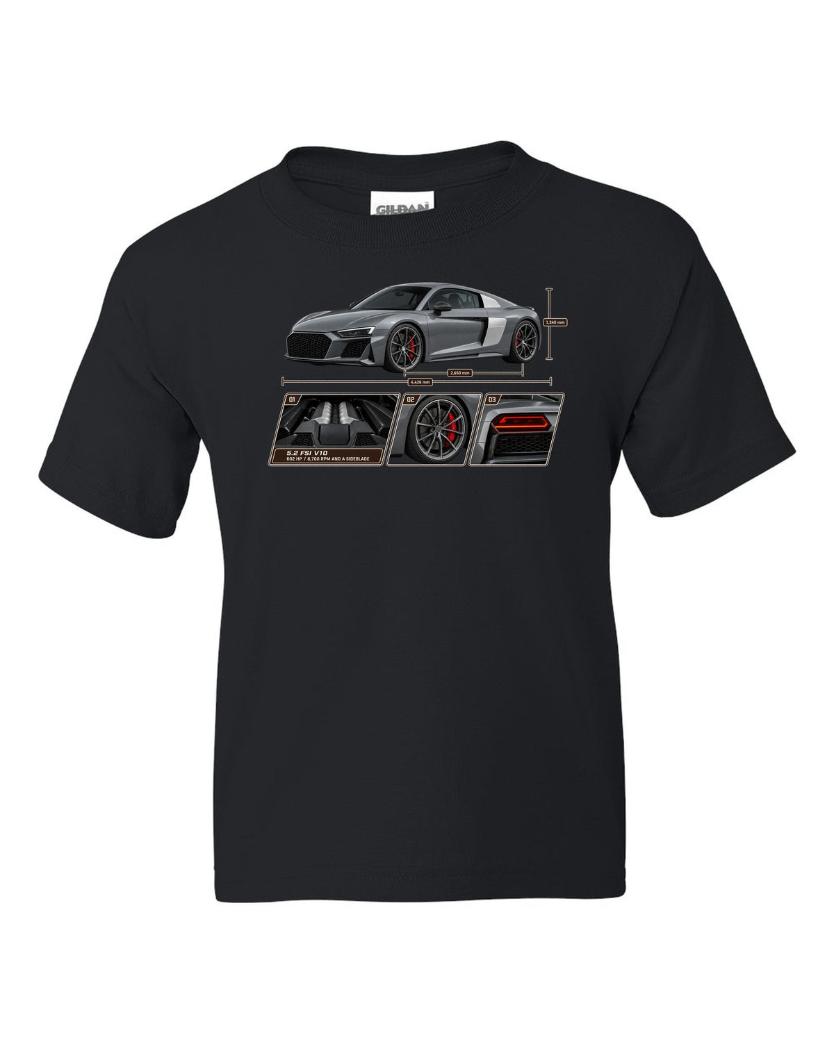 Dossier panel print of a Nardo grey Audi R8 V10 Performance black kids tee front view with the design