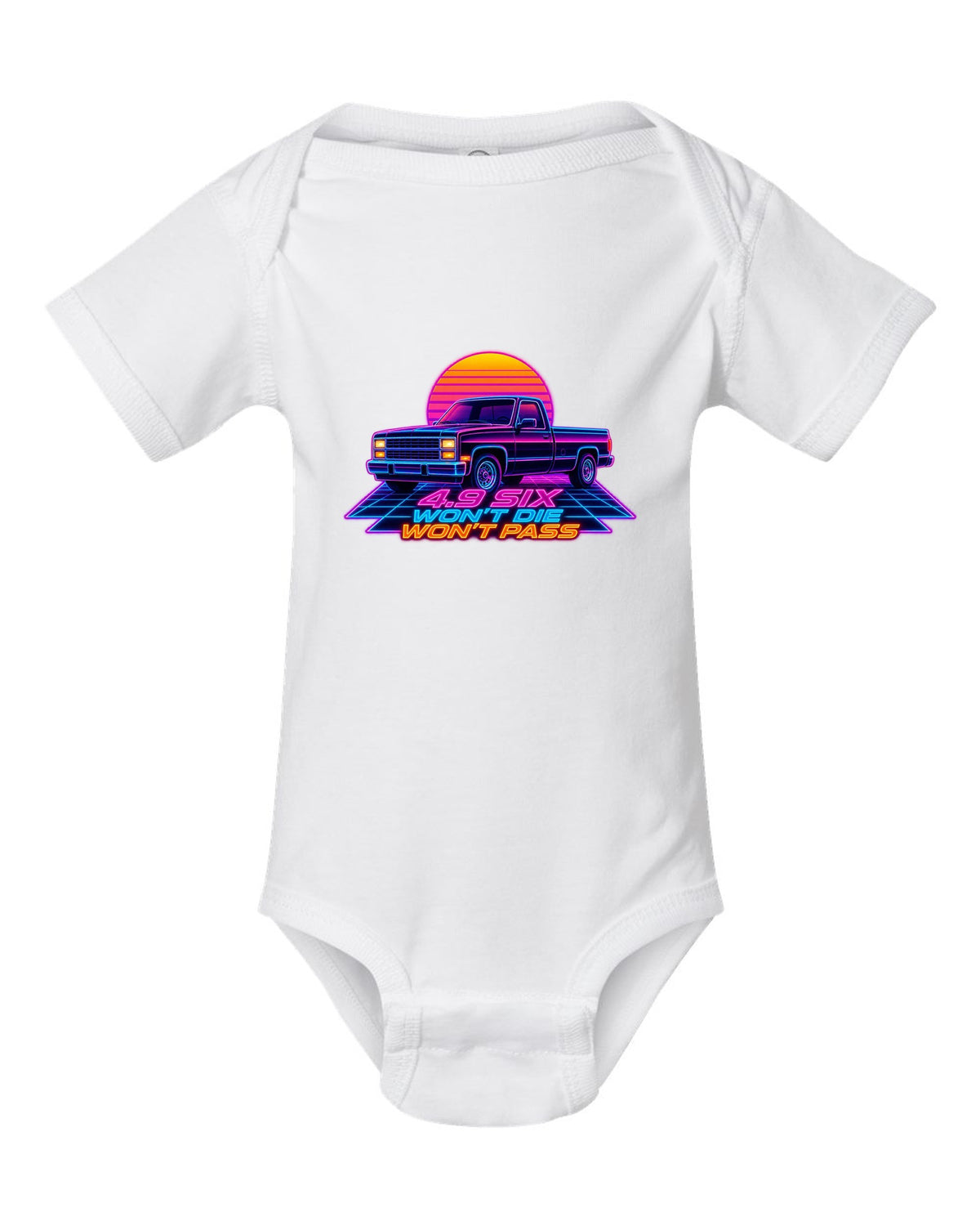 Synthwave neon art of a 1987-91 Ford F-150 Brick-Nose in drive-in rain with 4.9 SIX lettering white baby onesie front view with the design