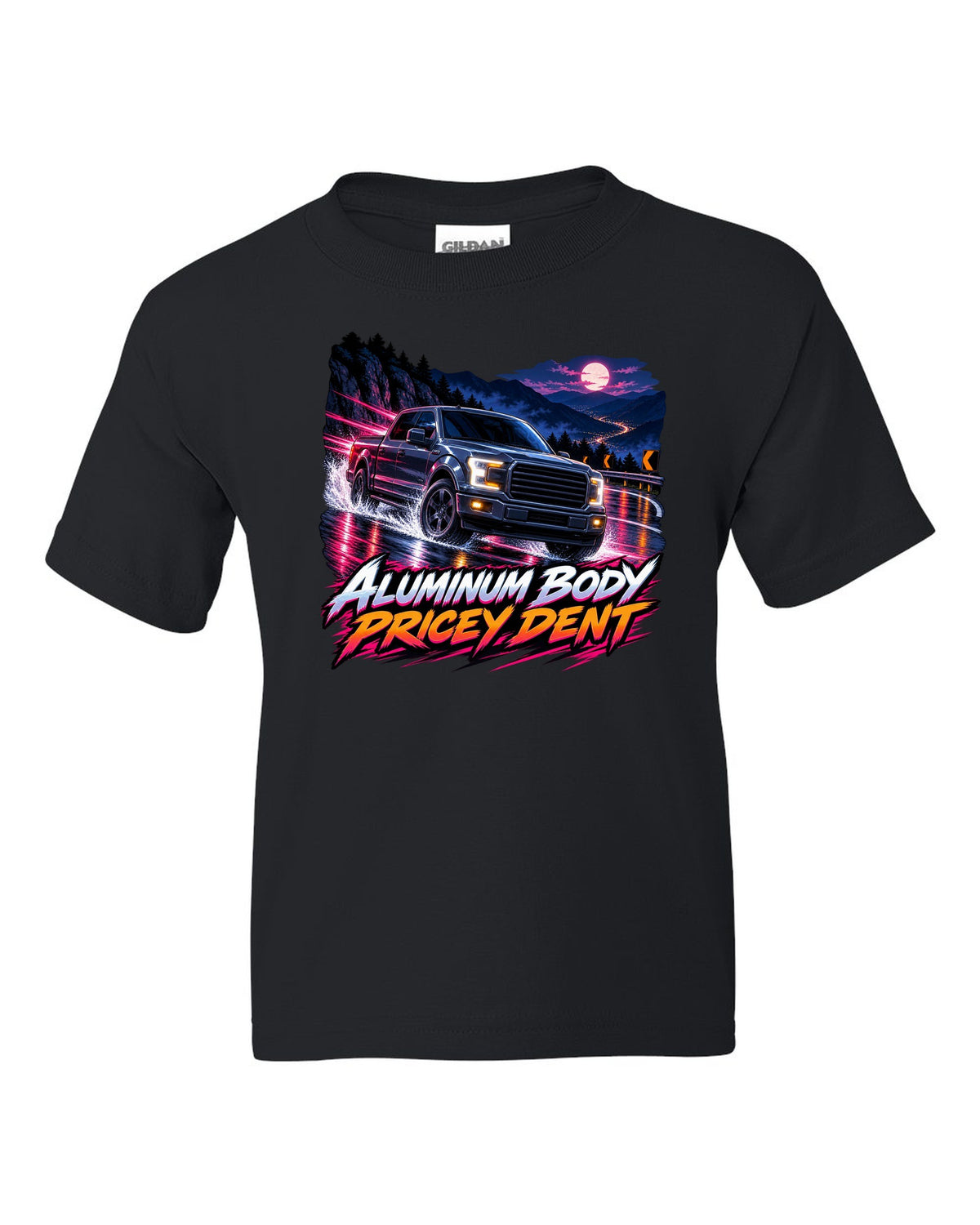 Cel-shaded anime night mountain pass print of a 2015-20 Ford F-150 P552 truck black kids tee front view with the design