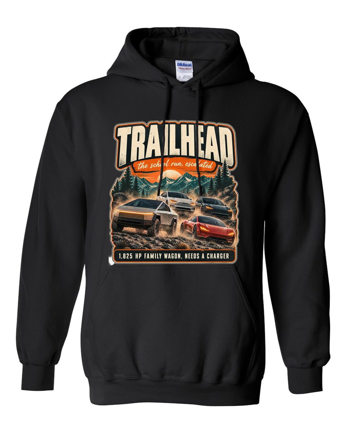 Street poster print of a Rivian R1S with trailhead and horsepower text black pull over hoodie front view with the design