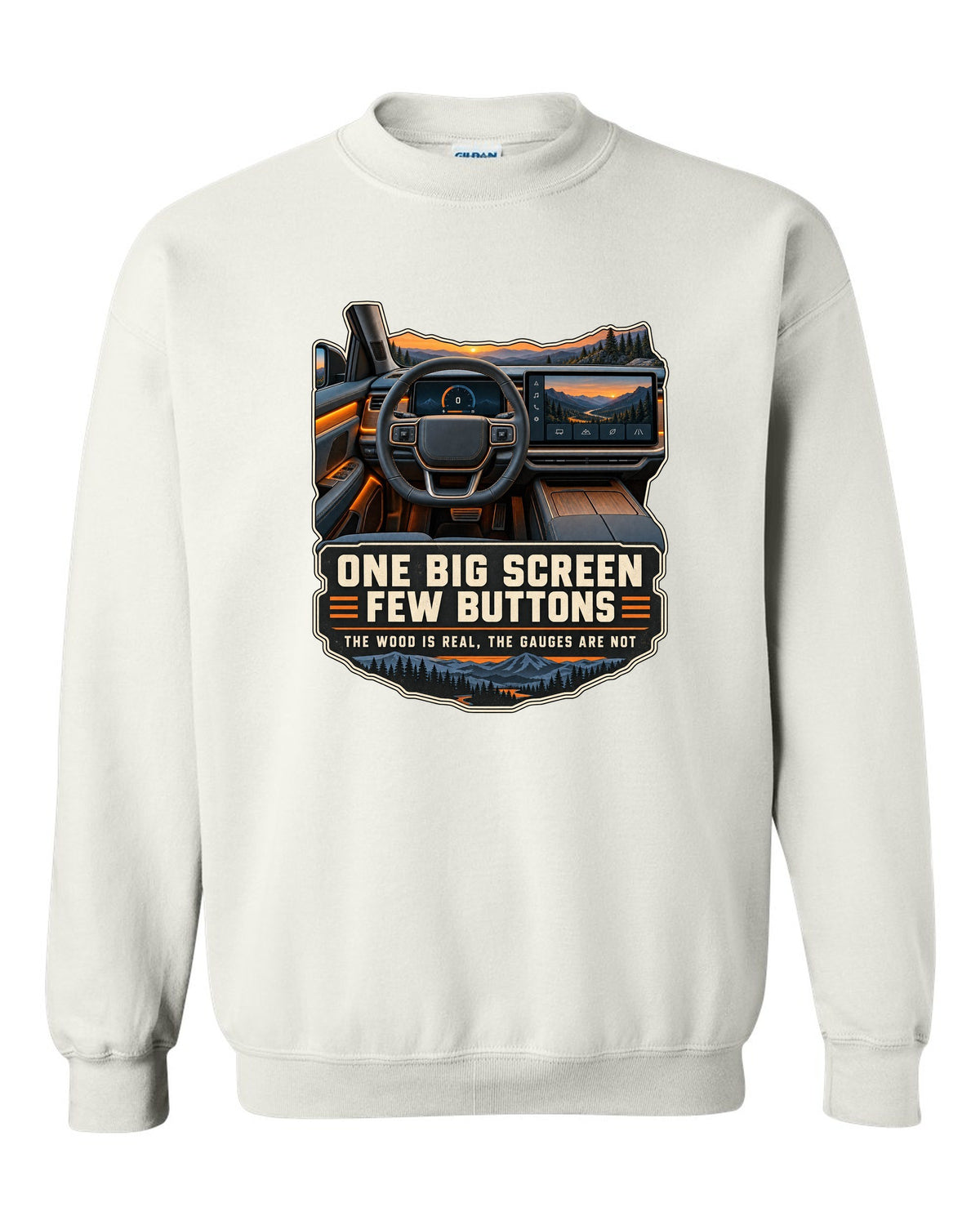 Cockpit and gauge print of a Rivian R1T interior with a large central screen white crewneck front view with the design