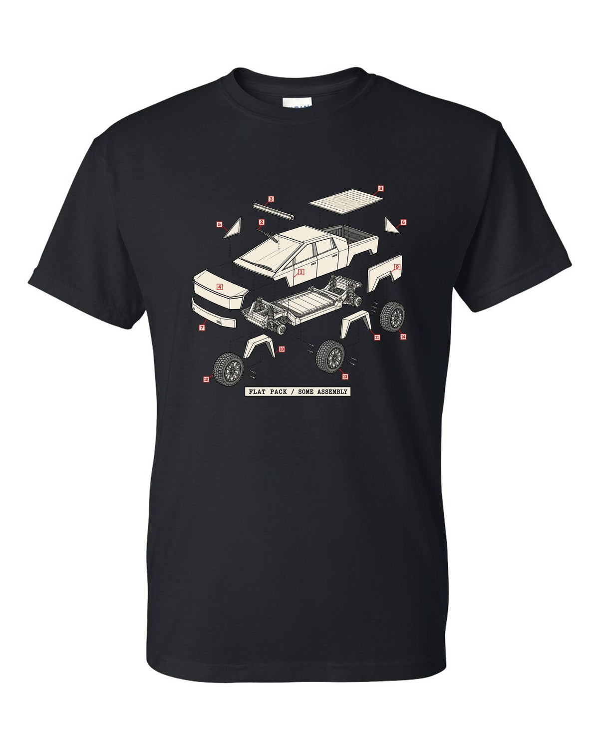 Isometric exploded-view patent drawing of a 2023 Tesla Cybertruck with the words Flat Pack Some Assembly black t-shirt front view with the design