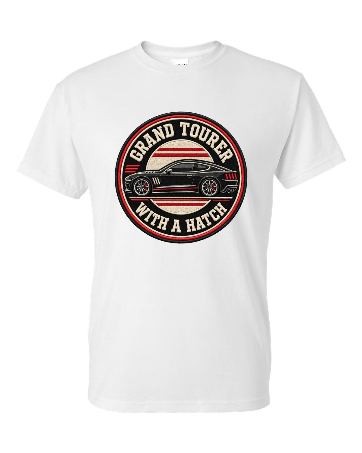 Embroidery varsity crest print for a Kia Stinger GT CK with grand tourer with a ch text white t-shirt front view with the design