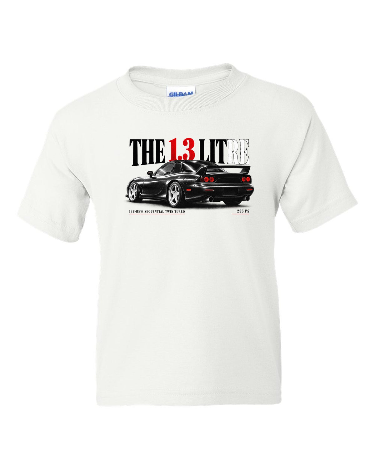 Editorial headline print for the 1992 Mazda RX-7 FD3S with 13B-REW sequential twin turbo and 255 PS white kids tee front view with the design