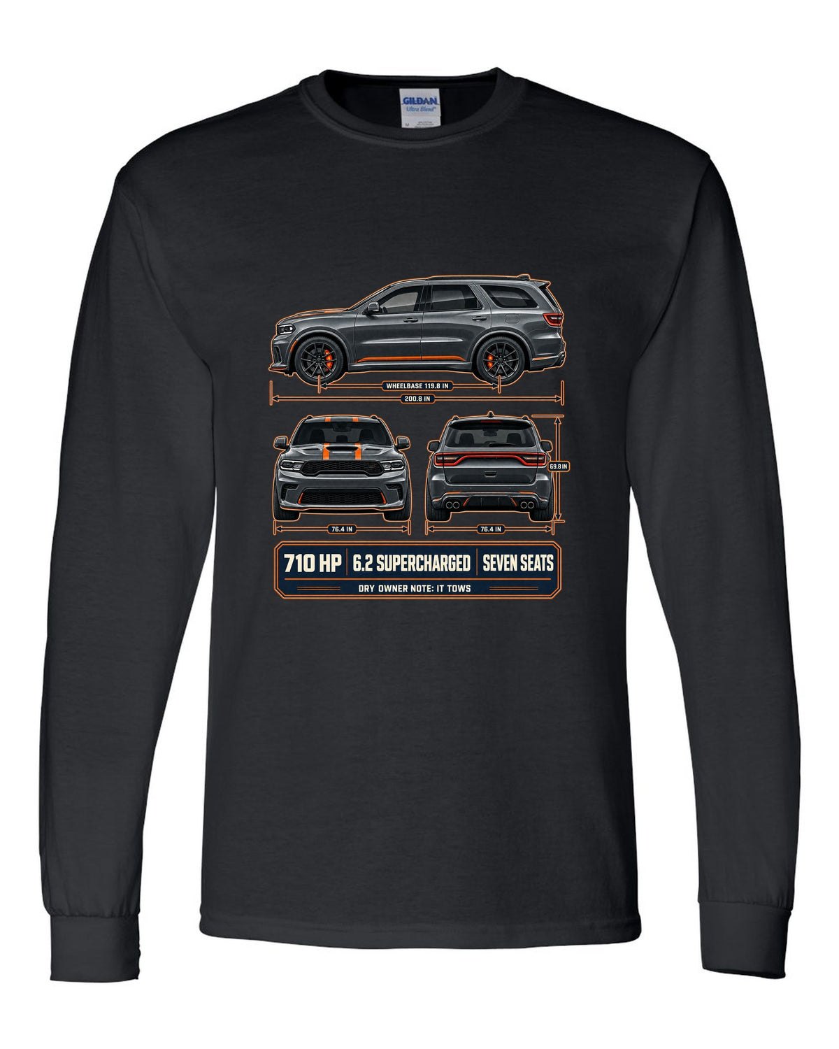 Dodge Durango SRT Hellcat 2021 three-view drawing with spec table print black long sleeve front view with the design