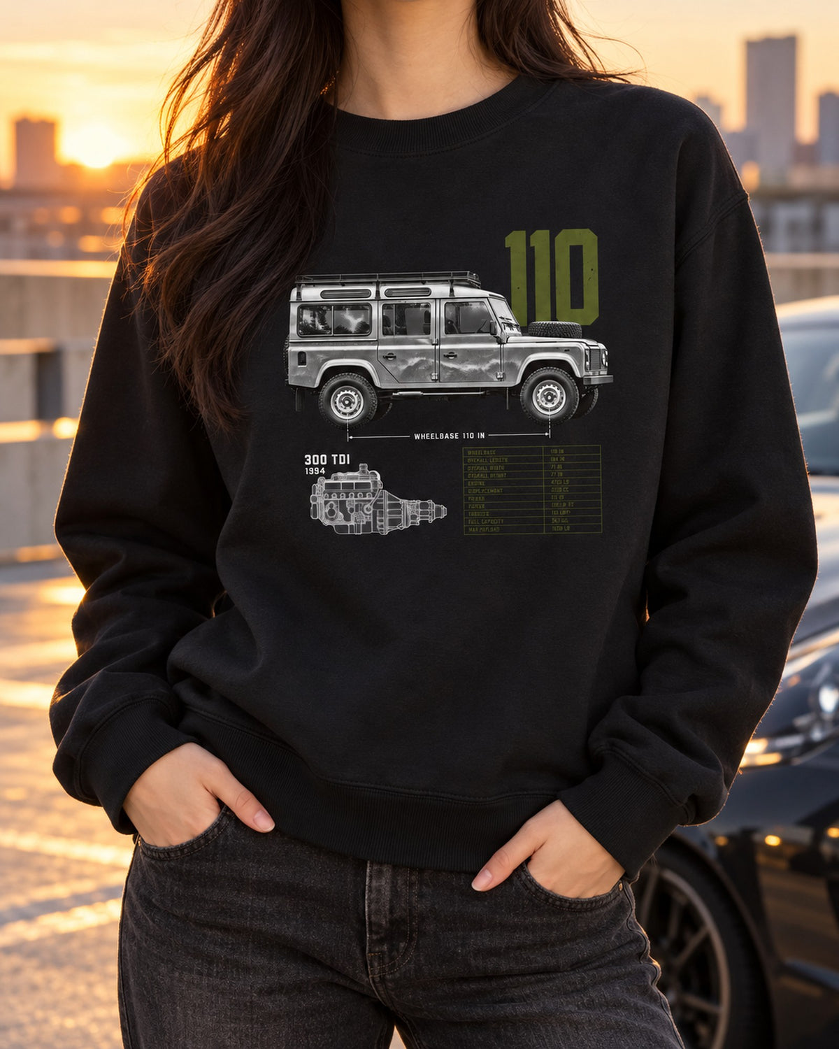 Land Rover Defender 110 300 Tdi 1994 Spec Poster Shirt Crewneck Black worn hero