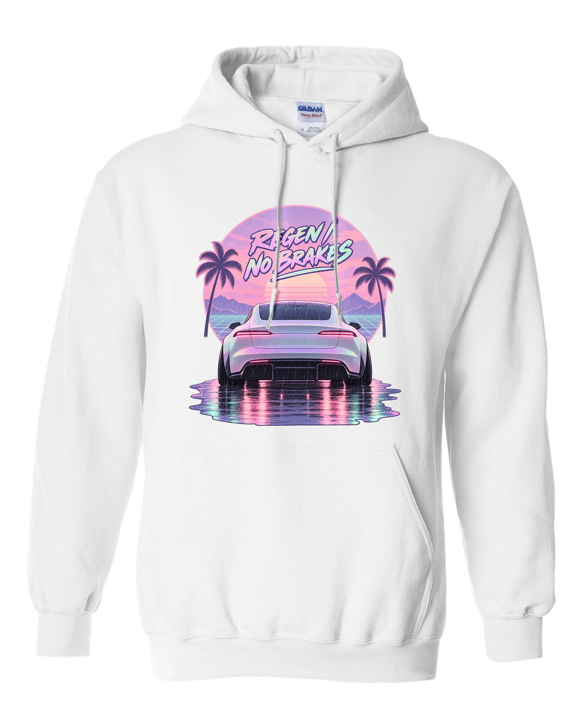 Vaporwave pastel scene of a 2021 Tesla Model S Plaid taillights in rain with the words Regen No Brakes white pull over hoodie front view with the design