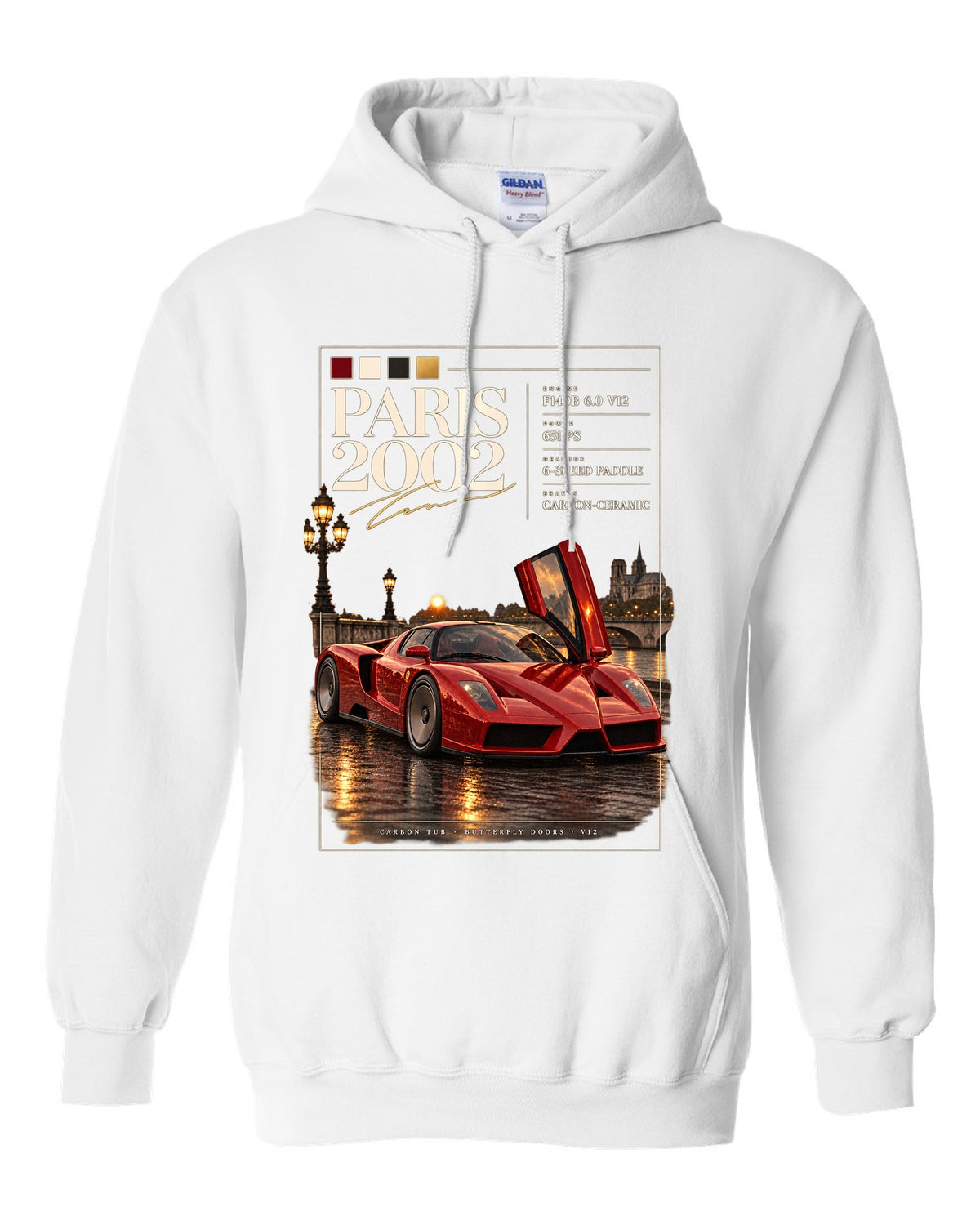 Ferrari Enzo 2002 front three-quarter archive panel print, Paris 2002, F140B V12, 651 PS white pull over hoodie front view with the design