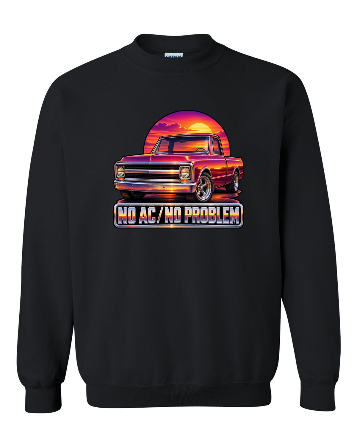 70s airbrush sunset grille print of a 1967-72 Chevrolet C10 Action Line Fleetside with no AC text black crewneck front view with the design