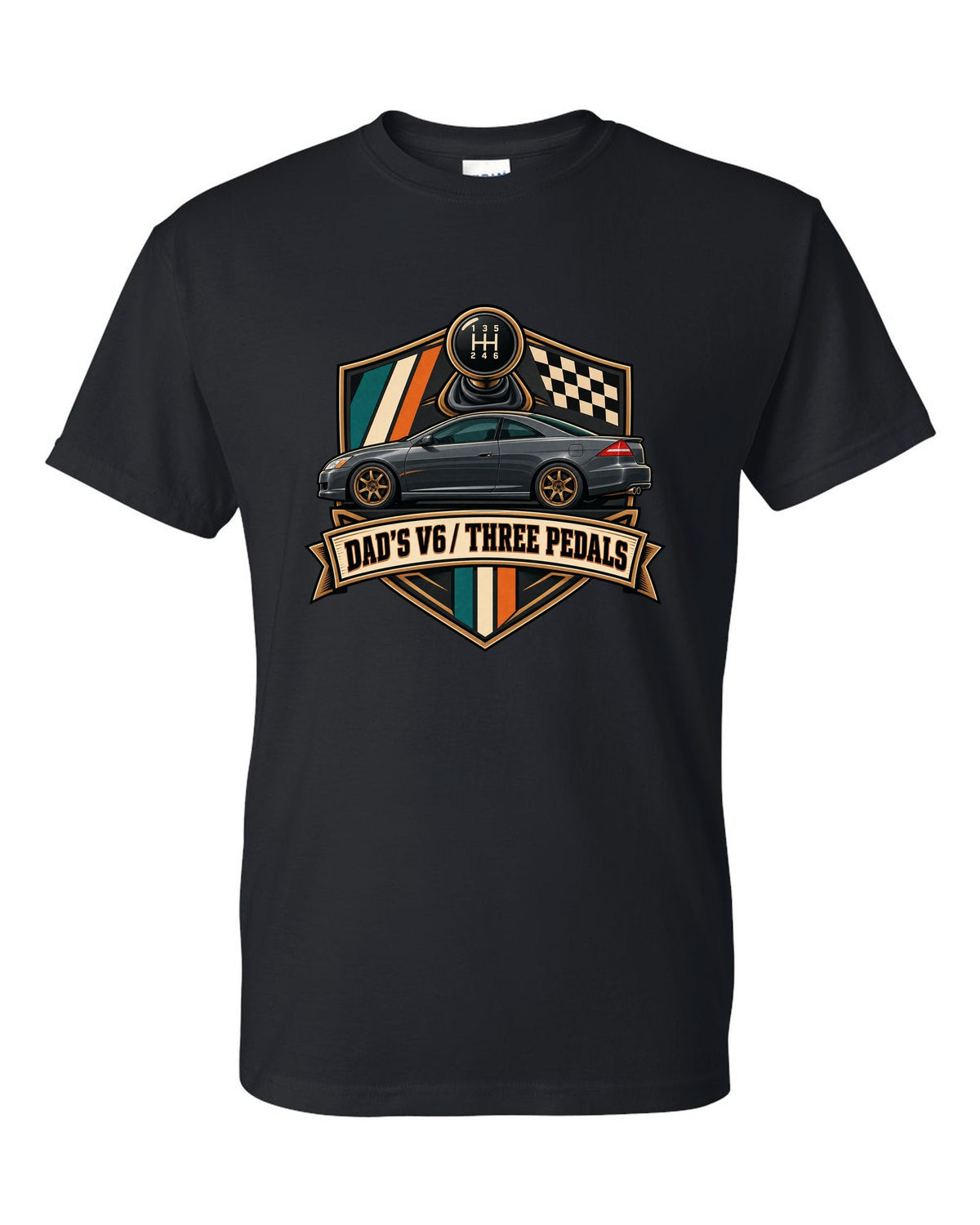 Crest layout print for the Honda Accord V6 Coupe with three pedals text black t-shirt front view with the design