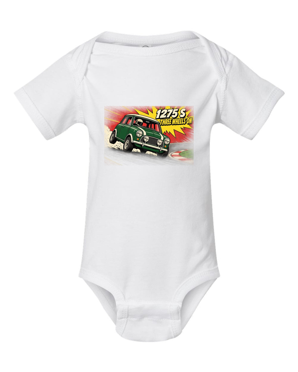 Pop-art flat colour print of a Classic Mini Cooper S 1275 S on three wheels with speed lines white baby onesie front view with the design