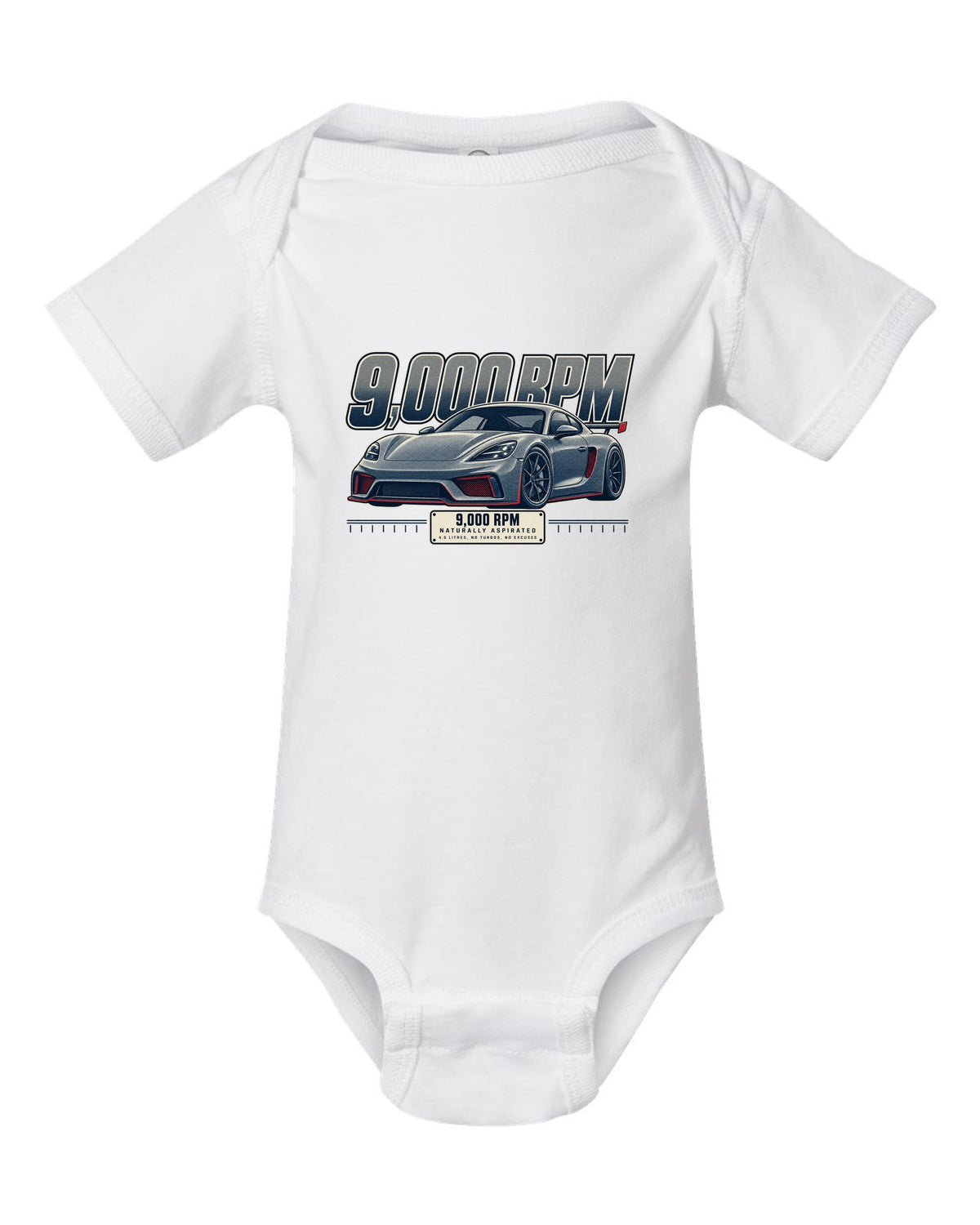Halftone front three-quarter print of the Ferrari 458 Speciale white baby onesie front view with the design