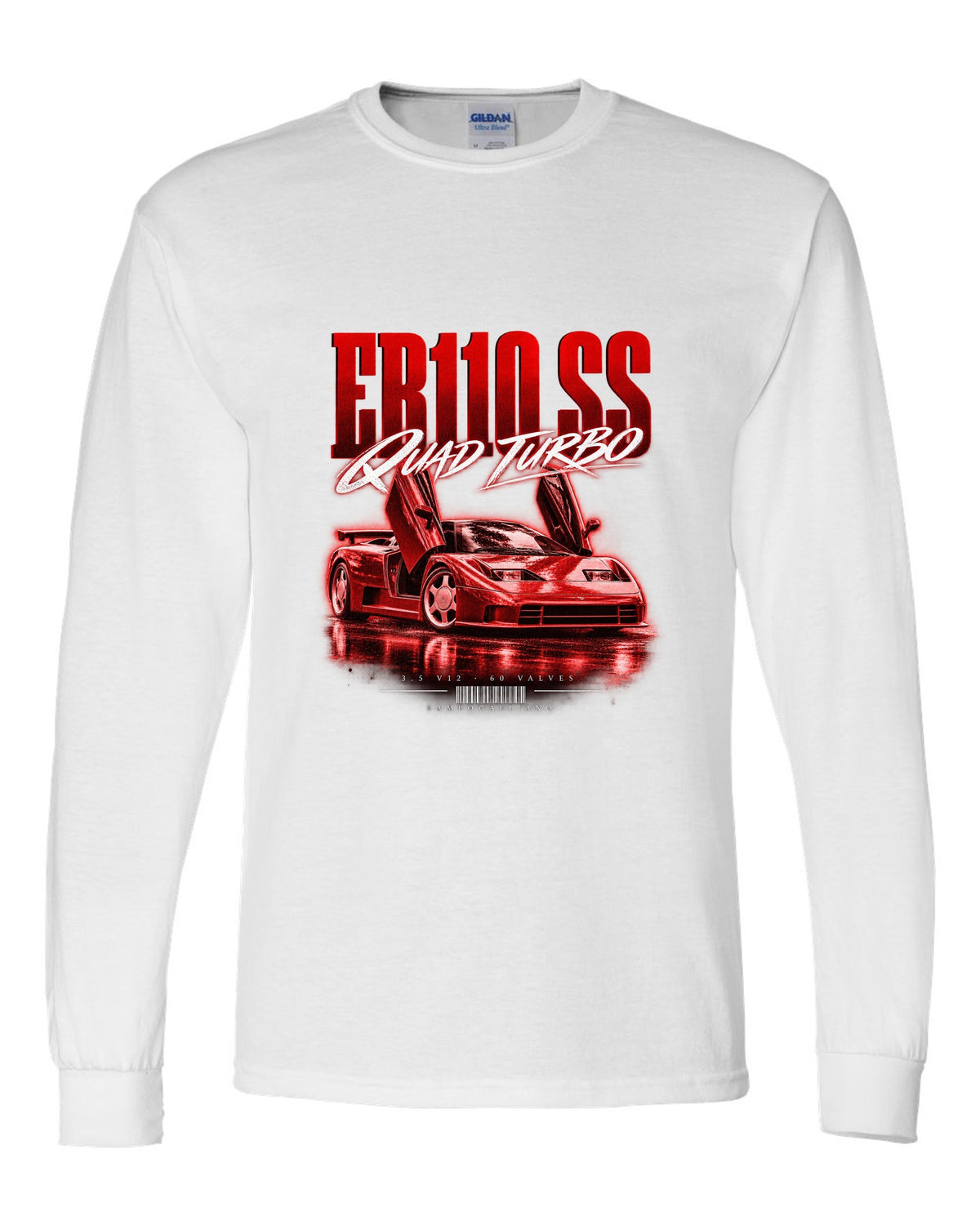 Bugatti EB110 SS 1992 street poster with quad turbo V12 text white long sleeve front view with the design