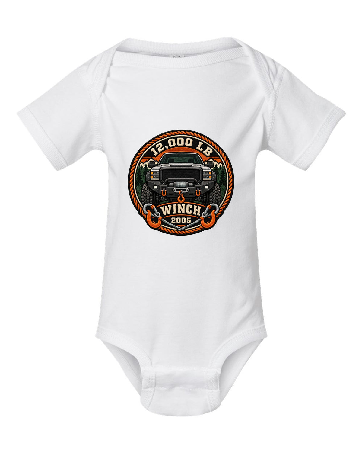 Varsity crest print of a Ram Power Wagon 2500 winch bumper with 12,000 LB winch 2005 text white baby onesie front view with the design