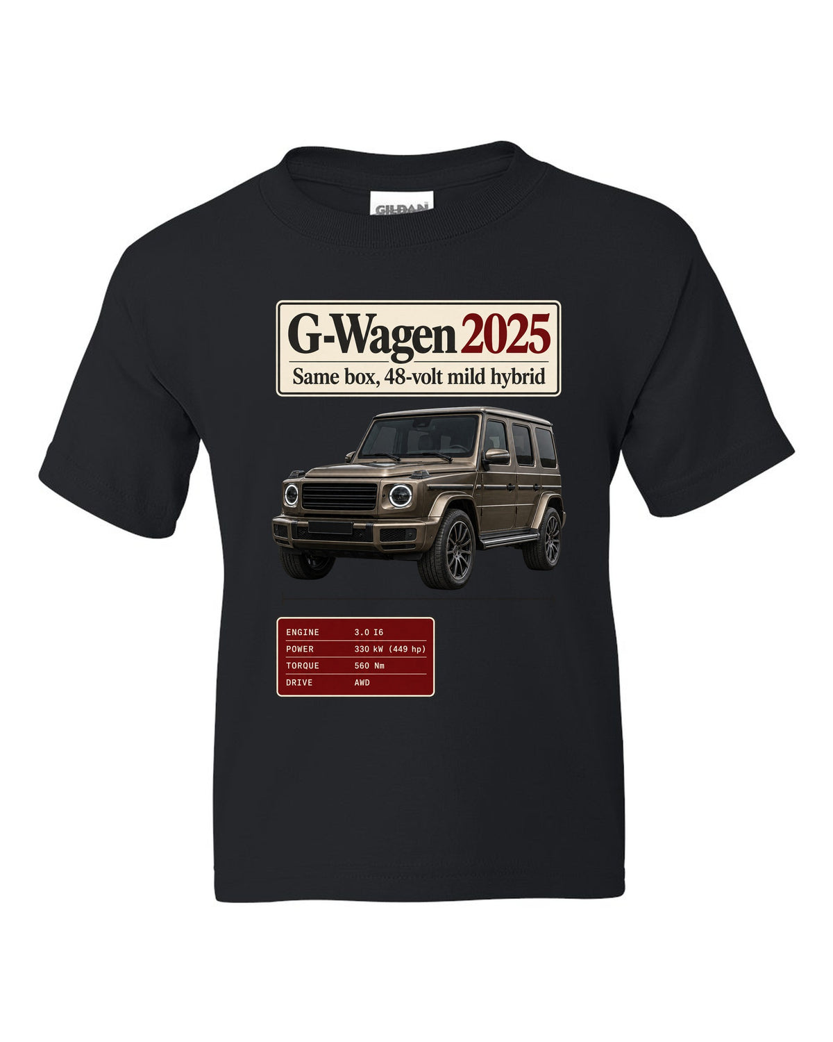 Archive panel print of a 2025 Mercedes-AMG G63 W463A facelift black kids tee front view with the design