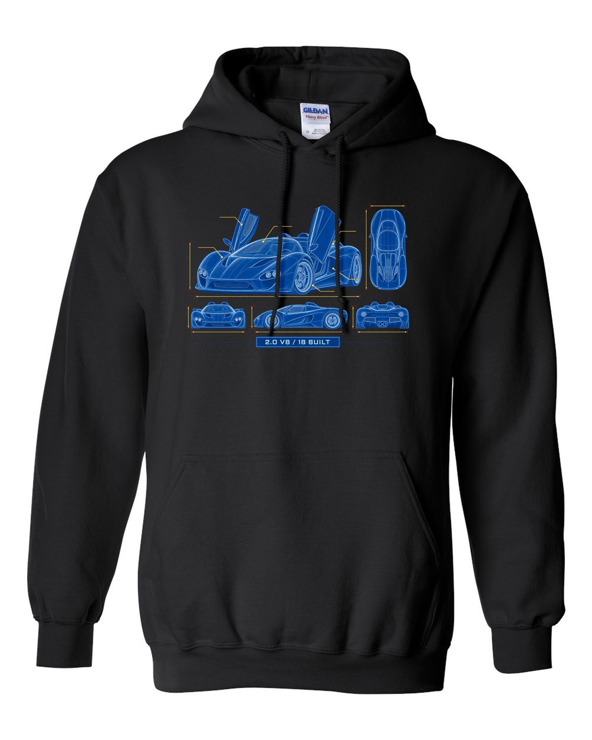 Cyanotype negative blueprint of an Alfa Romeo 33 Stradale with 2.0 V8 and 18 built black pull over hoodie front view with the design