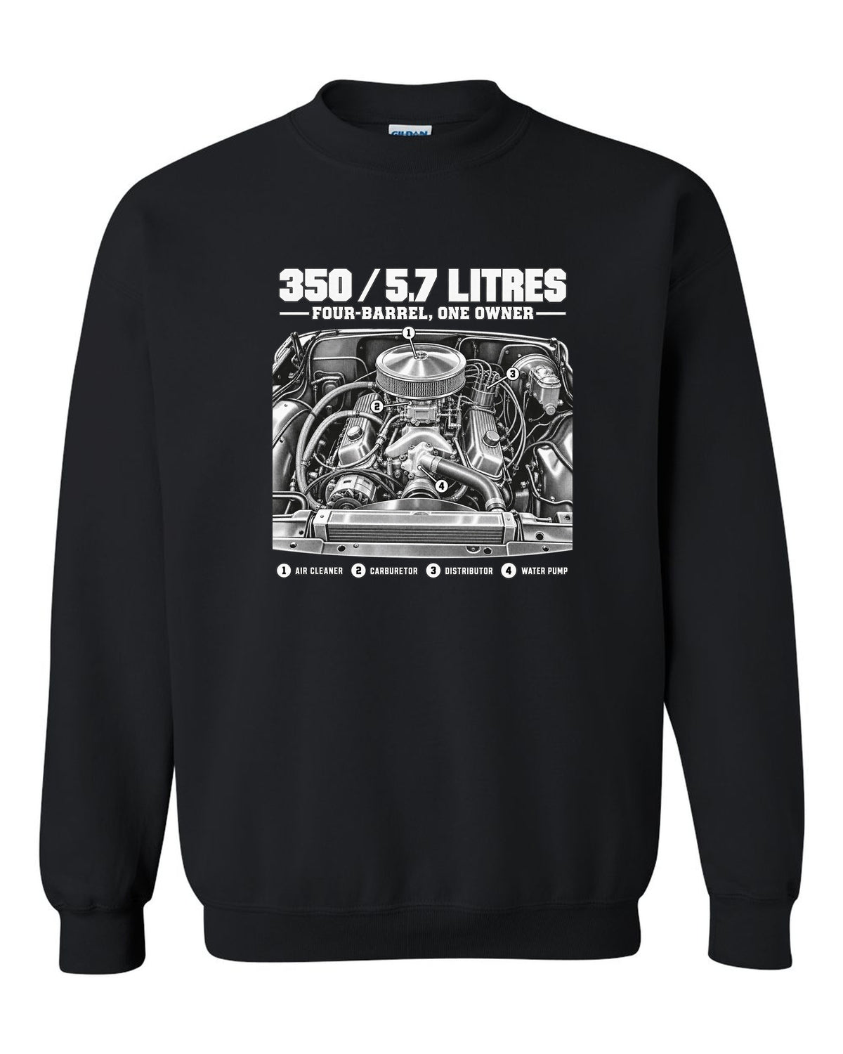 Squarebody C10 350 small block engine diagram with callouts, print black crewneck front view with the design