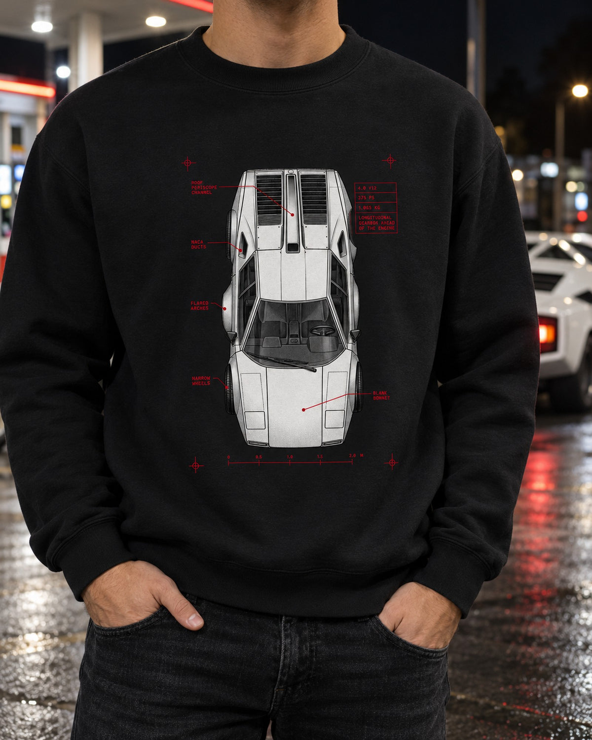 Countach LP400 Spec Plan Shirt, 4.0 V12 375 PS Car Tee Crewneck Black worn hero