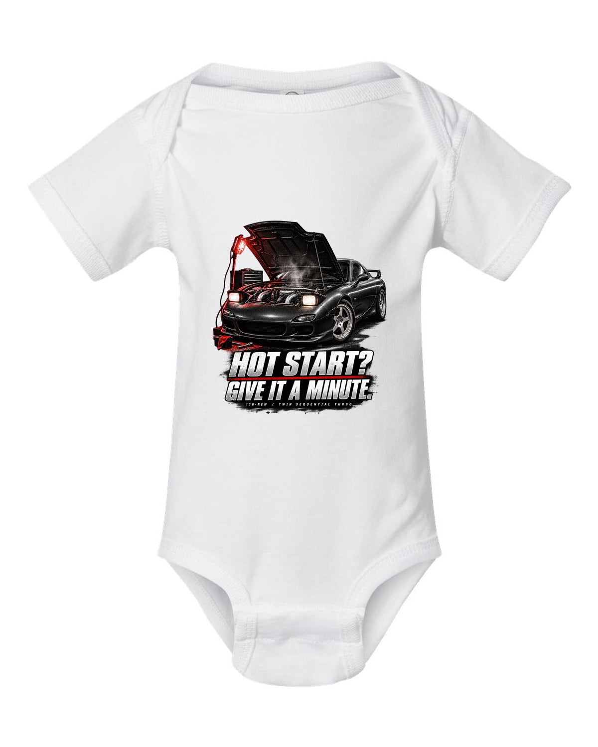 Garage night print of a Mazda RX-7 FD3S with hot start joke and 13B-REW lettering white baby onesie front view with the design