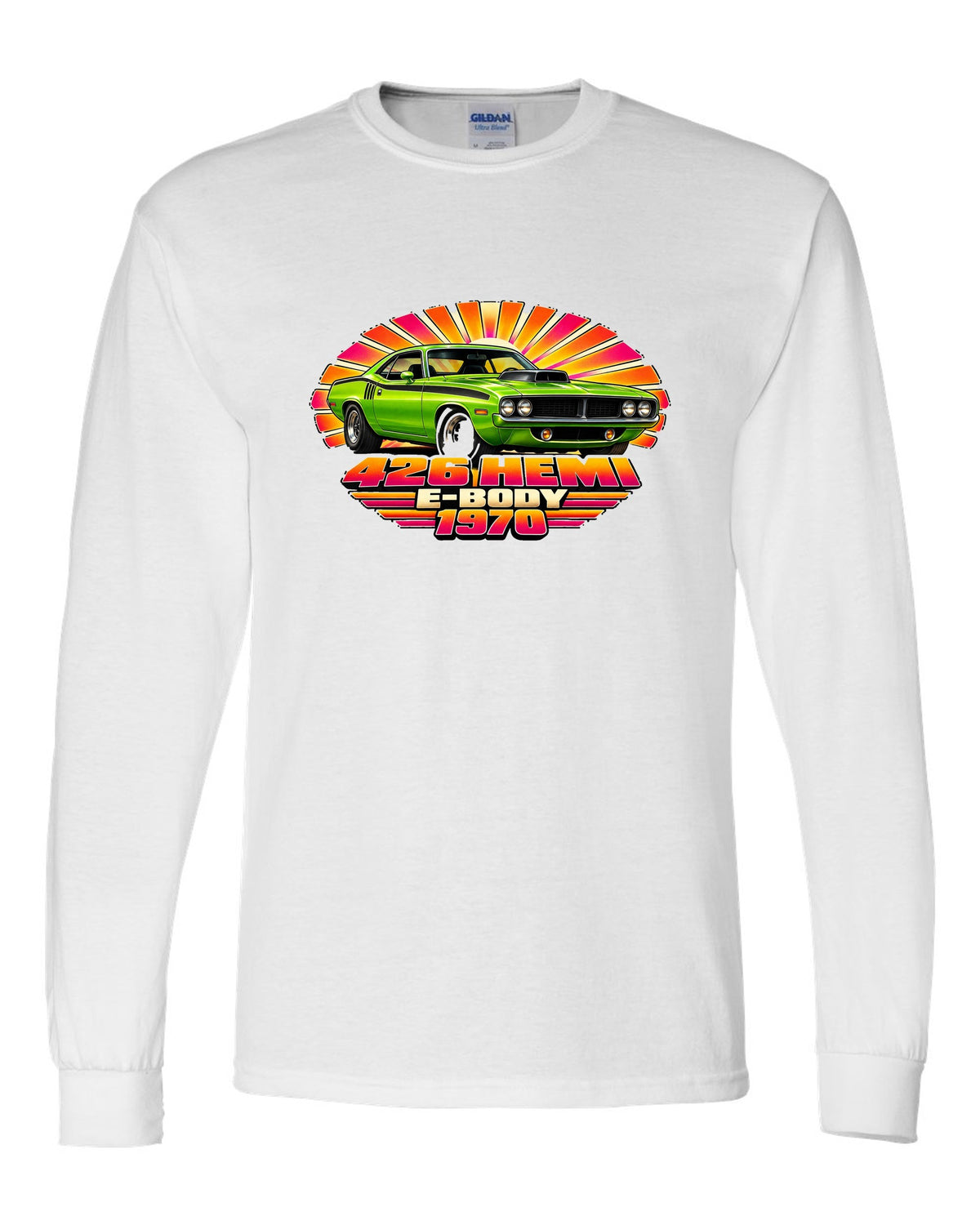 1970 Plymouth Hemi Cuda E-body 70s airbrush sunburst print with 426 Hemi text white long sleeve front view with the design