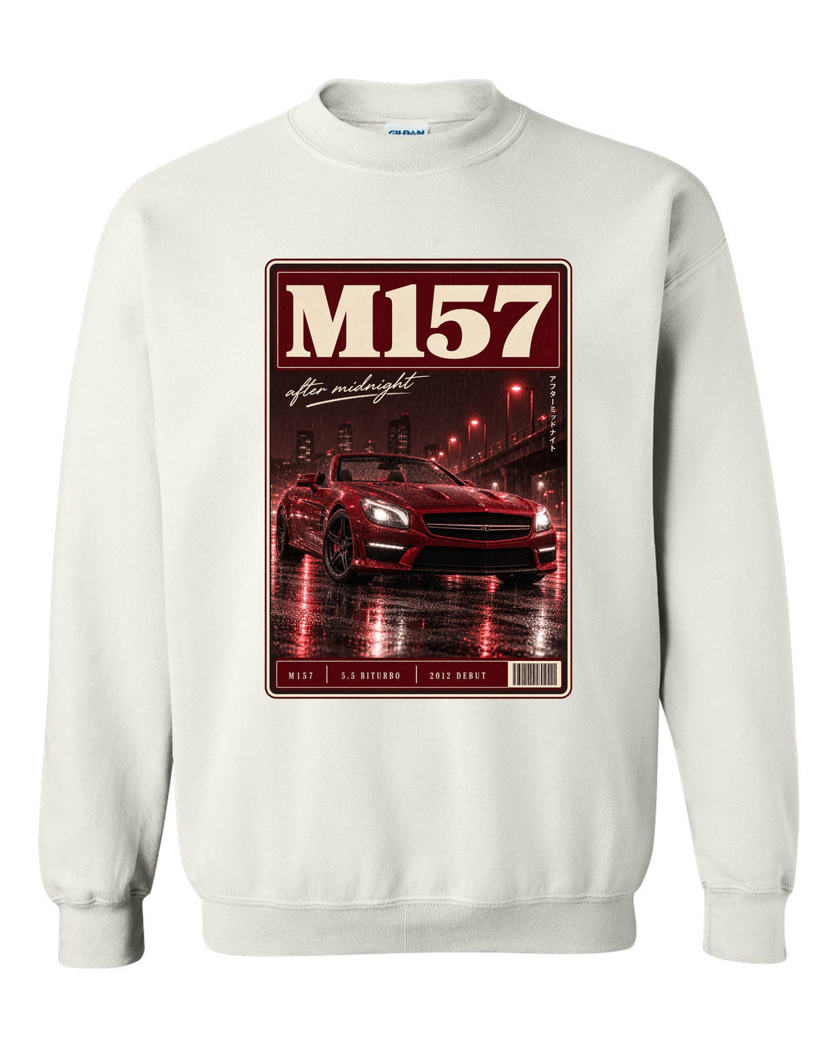 Mercedes-Benz SL63 R231 low front three-quarter night street scene in red monochrome white crewneck front view with the design