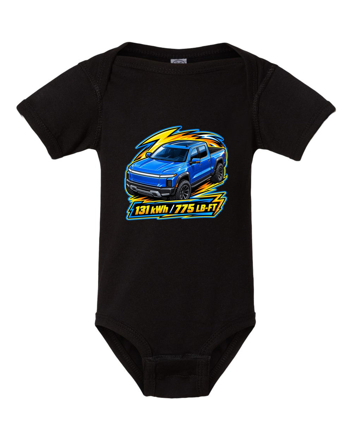 Ford F-150 Lightning EV on a die-cast toy card style print black baby onesie front view with the design
