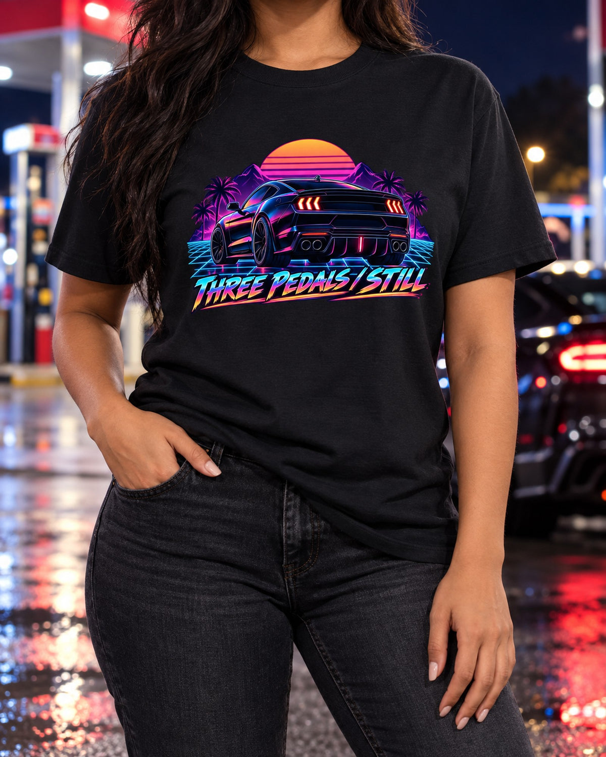 2024 S650 Mustang Coupe Synthwave Shirt, Three Pedals Still T-Shirt Black worn hero