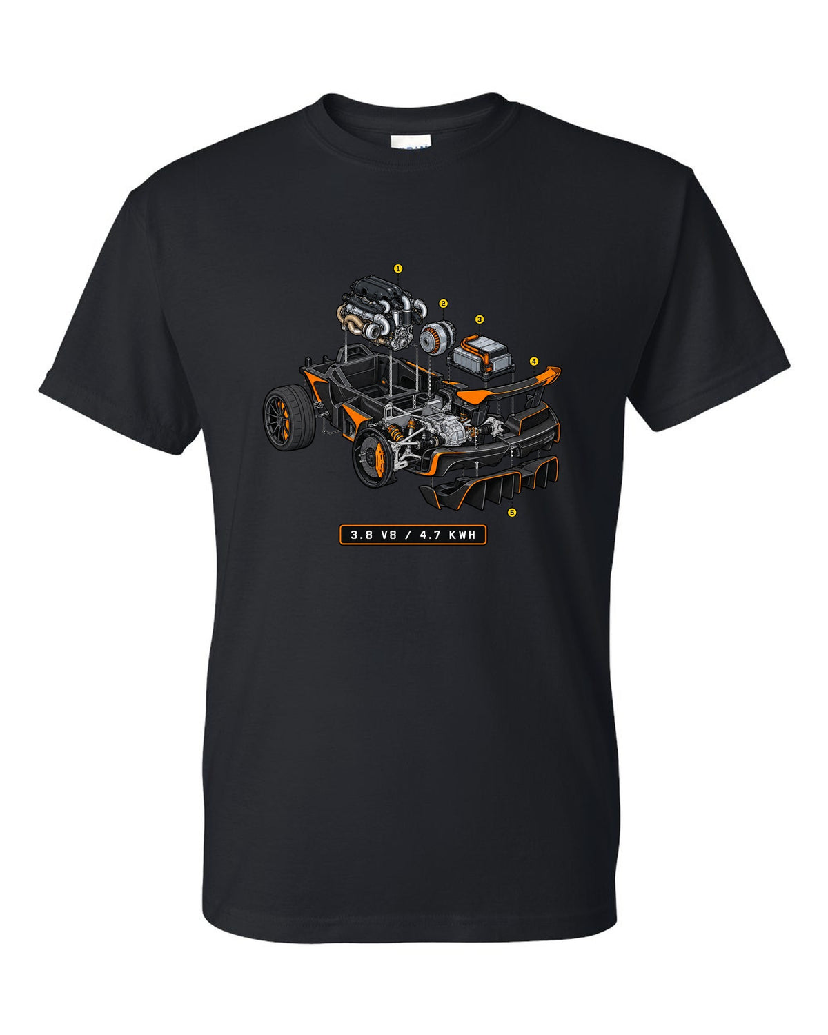 Exploded isometric cutaway print of the McLaren P1 with 3.8 V8 and 4.7 kWh lettering black t-shirt front view with the design