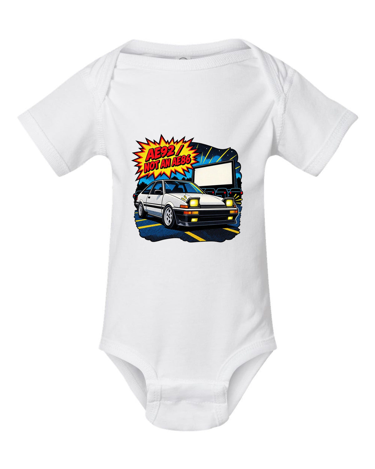 Comic halftone pop-art of a Toyota Corolla AE92 Trueno with the text AE92 Not an AE86 white baby onesie front view with the design
