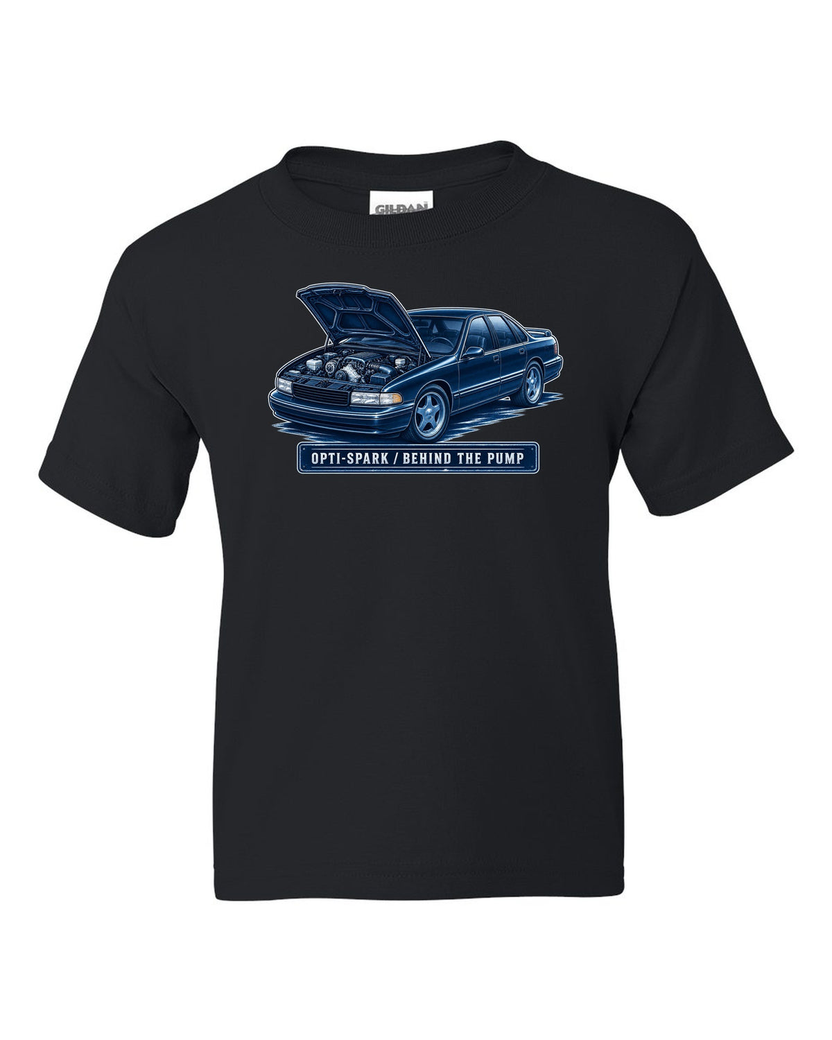Cyanotype white-line illustration of a 1995 Chevrolet Impala SS with Opti-Spark lettering black kids tee front view with the design