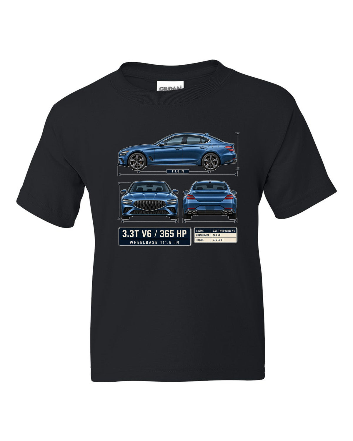 Dimension blueprint print of the Genesis G70 3.3T with V6 and 365 HP callouts black kids tee front view with the design