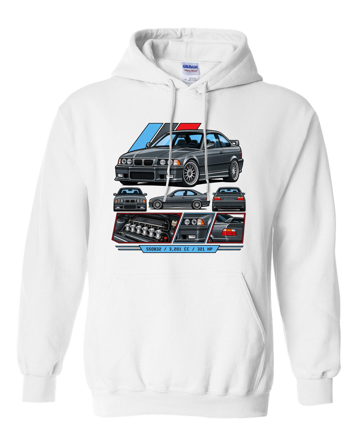 Cel-shaded anime night touge print of a BMW E36 M3 with slide now fix the diff later text white pull over hoodie front view with the design