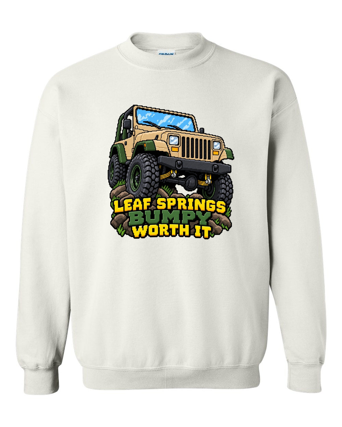 16-bit pixel art illustration of a Jeep Wrangler YJ with LEAF SPRINGS BUMPY WORTH IT lettering white crewneck front view with the design