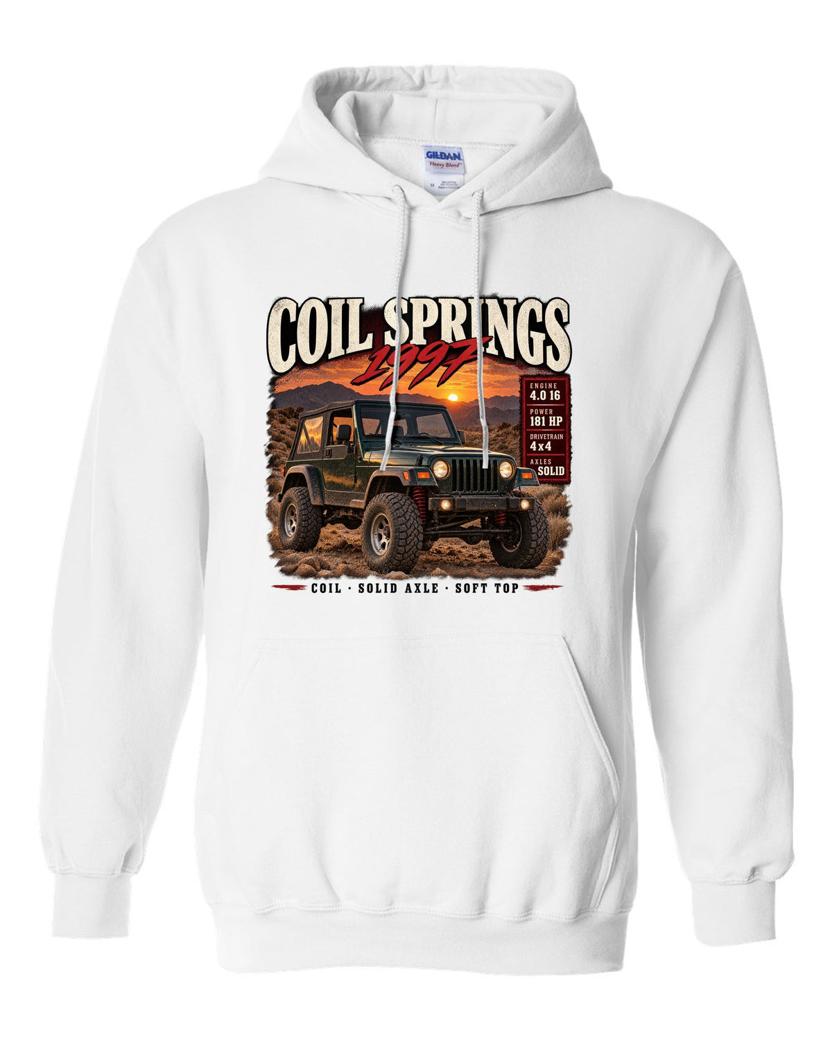 Archive panel print for the Jeep Wrangler TJ, Coil Springs 1997 Finally white pull over hoodie front view with the design