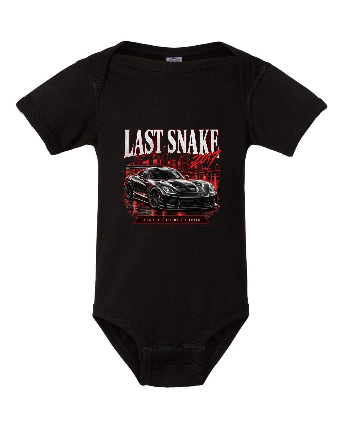 Archive panel print of the 2017 Dodge Viper VX I ACR with 8.4L V10 and 645 HP specs black baby onesie front view with the design