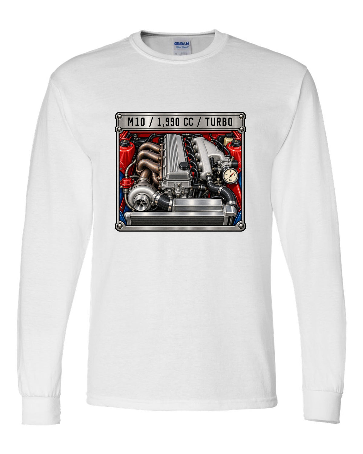 BMW 2002 turbo M10 engine spec data plate print with 1,990 cc text white long sleeve front view with the design