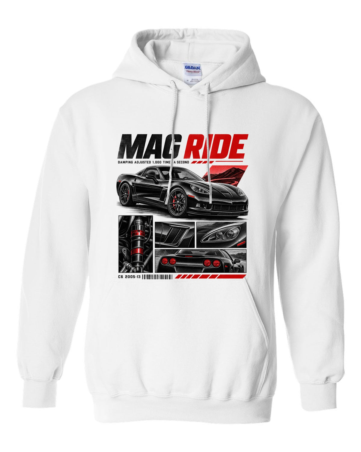 Corvette C6 coupe in dossier panels with magnetic ride text white pull over hoodie front view with the design