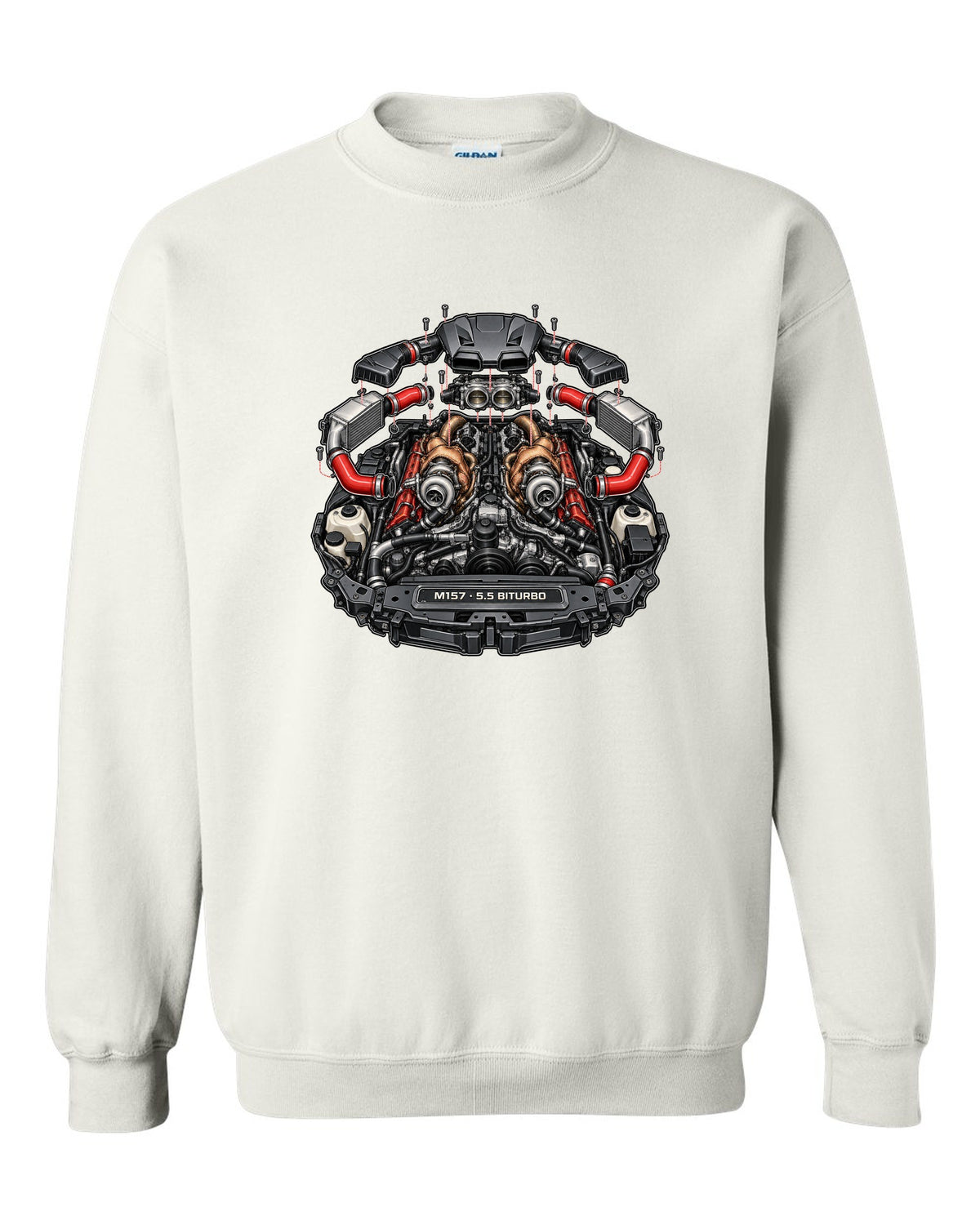 Hand-painted anime mountain road with a Mercedes E63 AMG Wagon S213 drifting white crewneck front view with the design