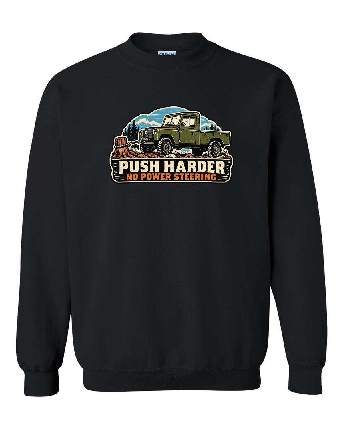 Linocut print of a Dodge Power Wagon WM300 flat fender winching with no power steering text black crewneck front view with the design