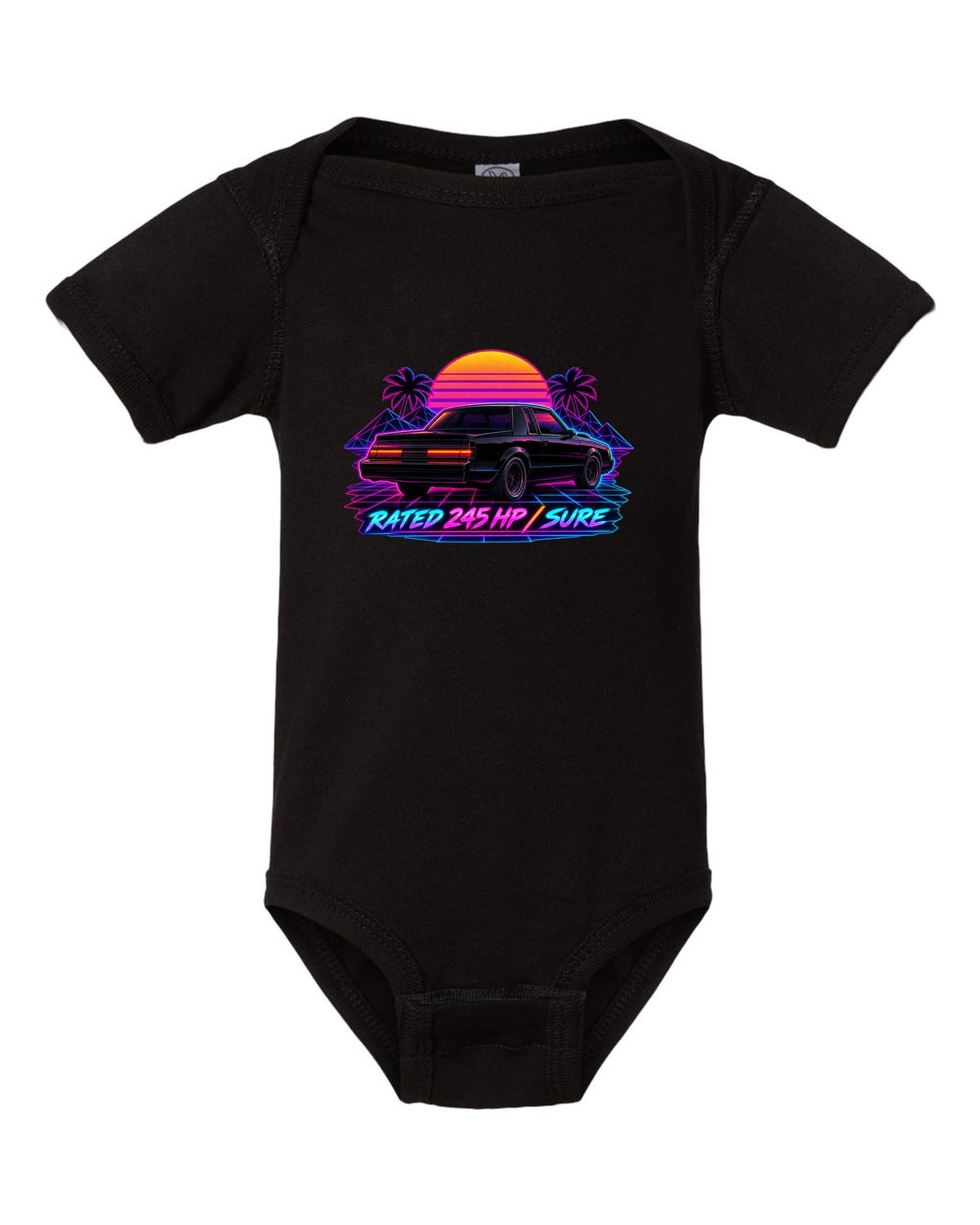 Synthwave print of 1987 Buick Grand National taillights with the text Rated 245 HP, Sure black baby onesie front view with the design