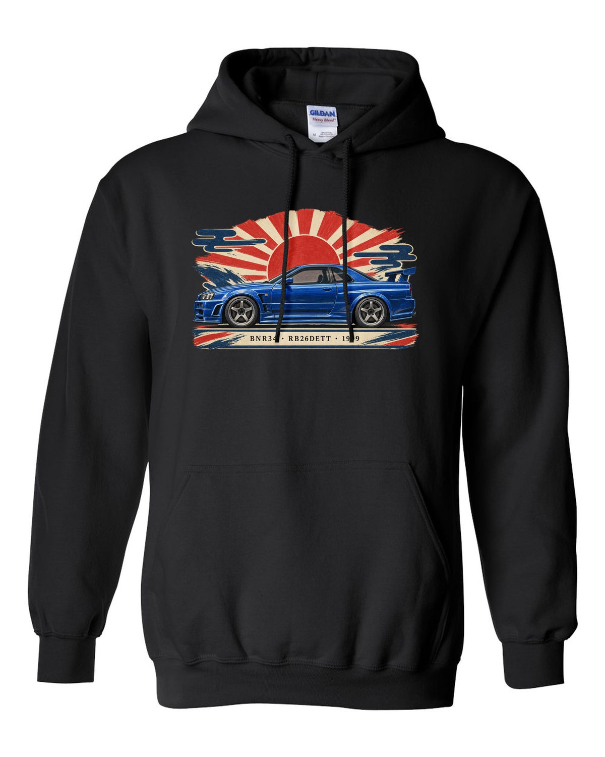 Retro Japanese Showa catalogue ad style print of a 1999 Nissan Skyline GT-R BNR34 with RB26DETT lettering black pull over hoodie front view with the design