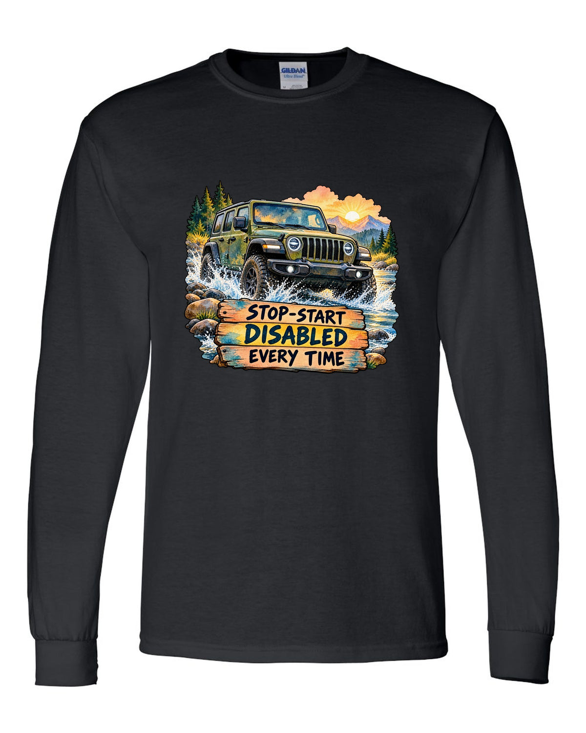 Watercolour night road print of a Jeep Wrangler JL with stop-start disabled text black long sleeve front view with the design