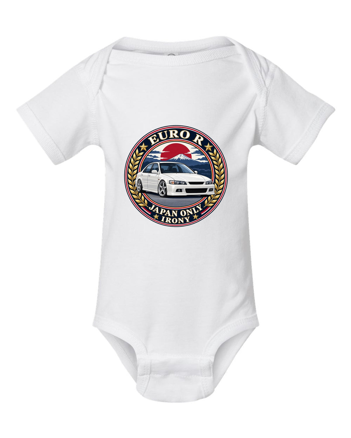 Crest layout print for the Honda Accord Euro R CL1 with Japan Only text white baby onesie front view with the design