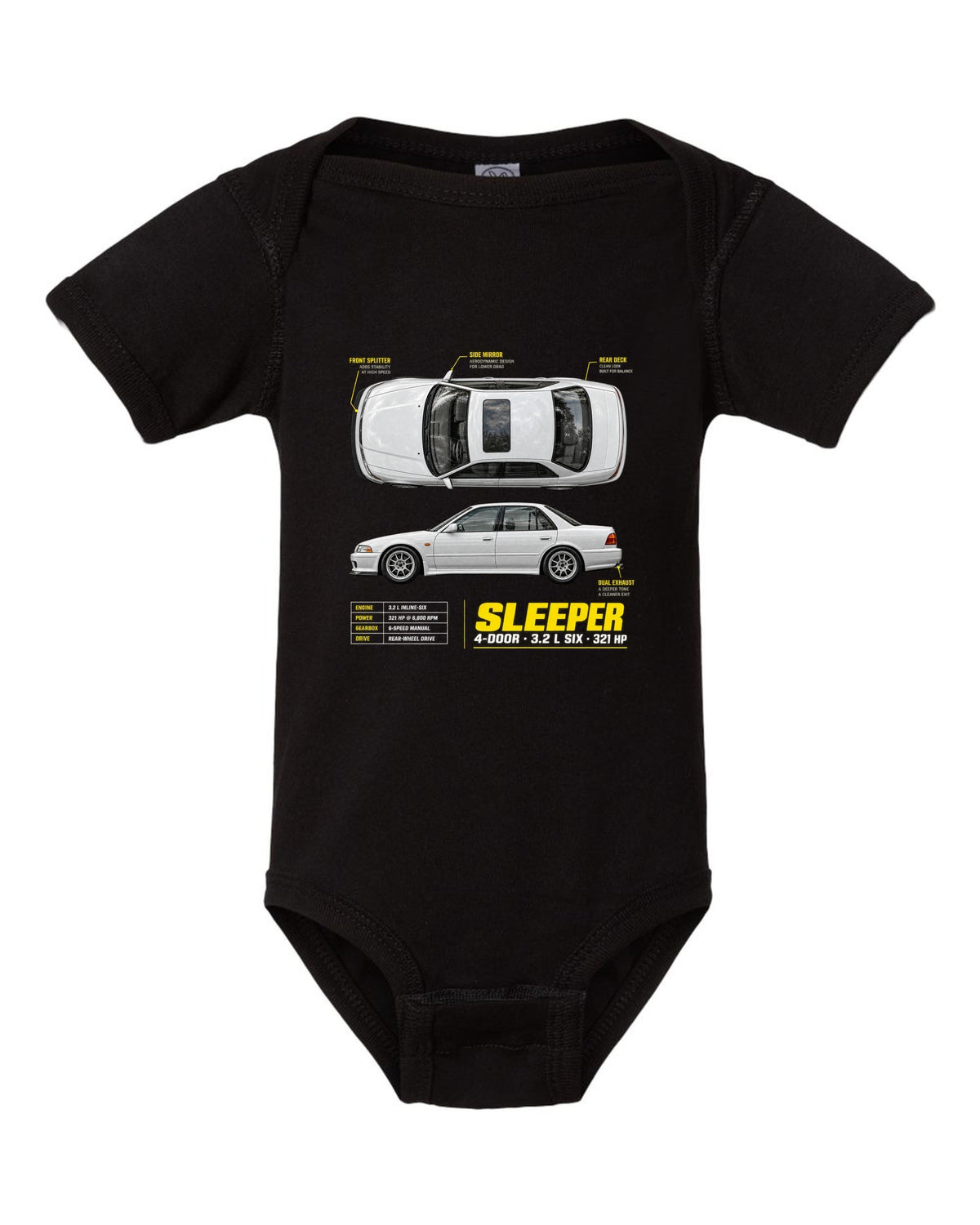 BMW E36 M3 sedan spec poster print with sleeper 4-door 3.2 L six and 321 HP text black baby onesie front view with the design