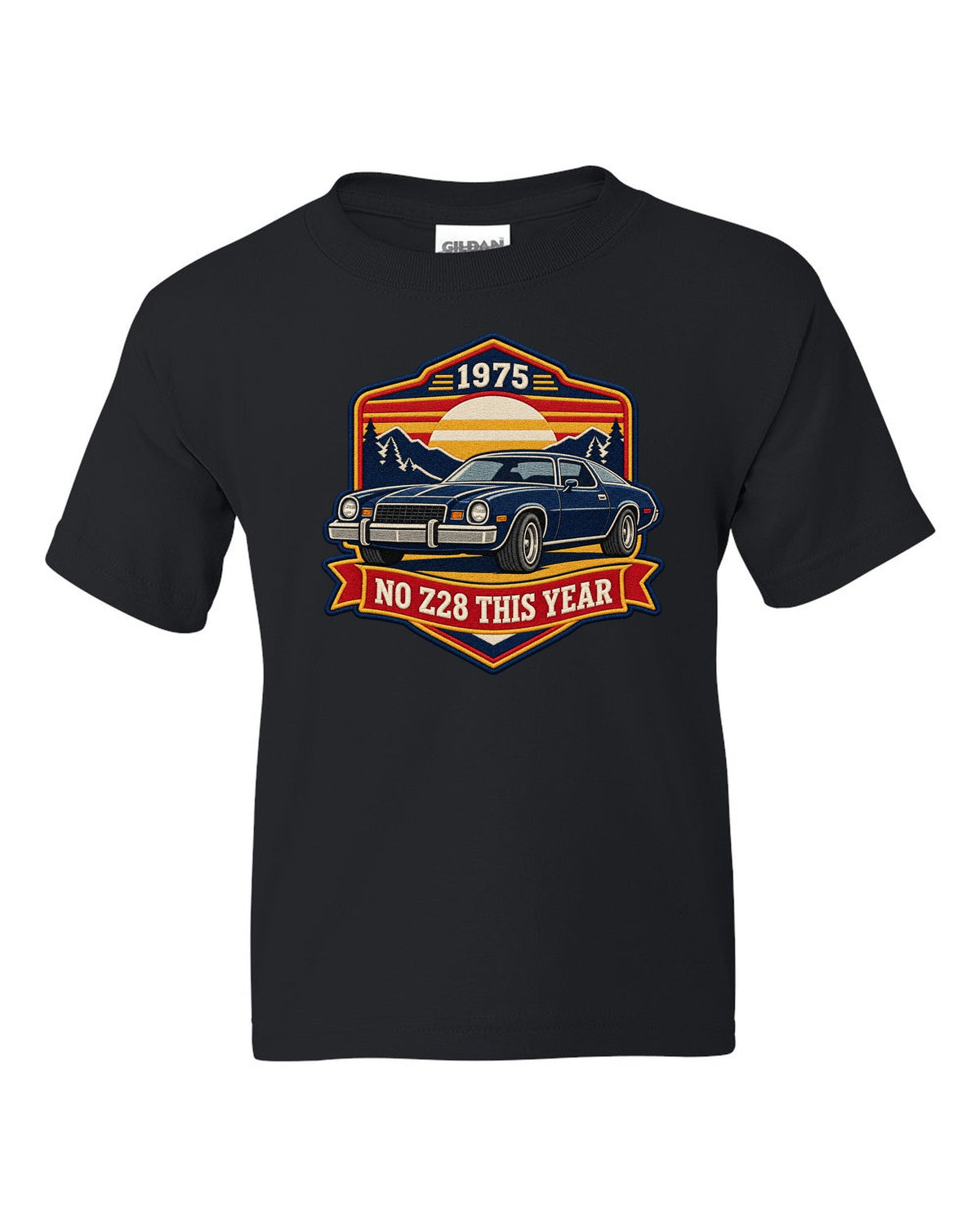 1975 Camaro second-generation in an embroidery patch style crest with the text No Z28 This Year black kids tee front view with the design