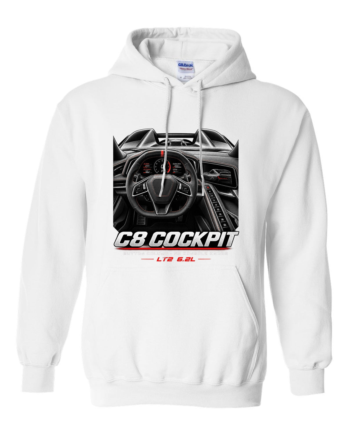 Corvette C8 Stingray 2020 cockpit with button column white pull over hoodie front view with the design