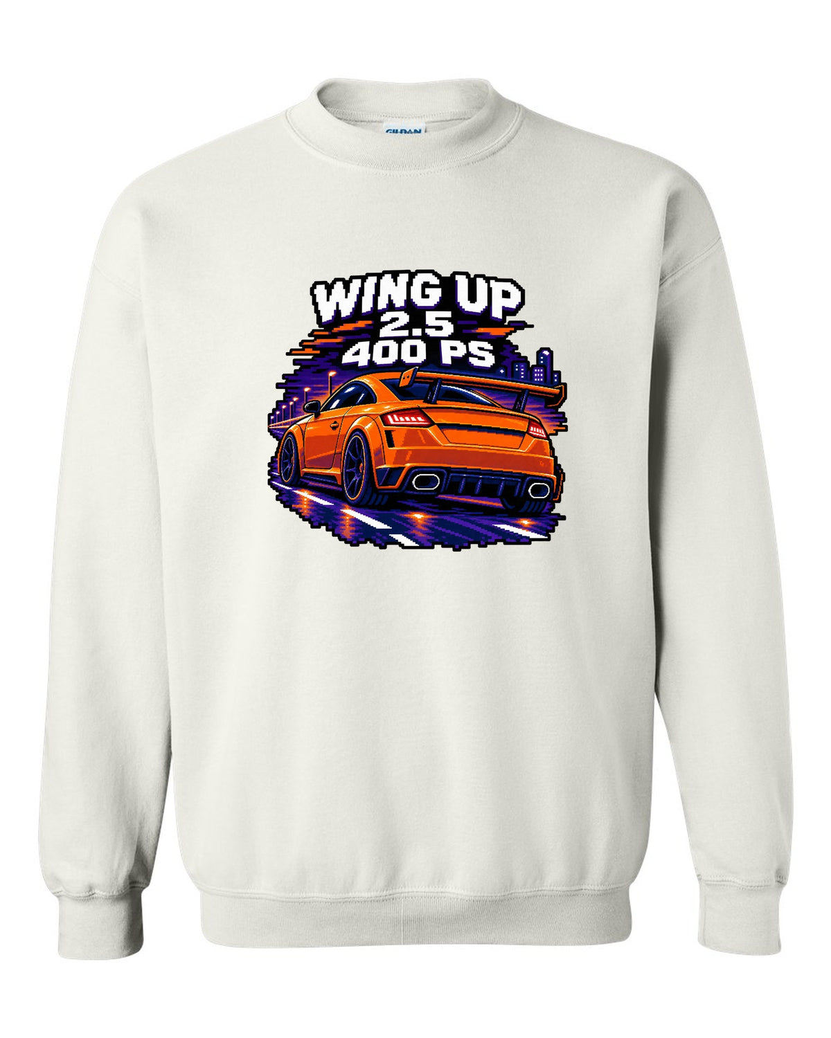 16-bit pixel art print of an Audi TT RS FV with rear wing up and 400 PS text white crewneck front view with the design