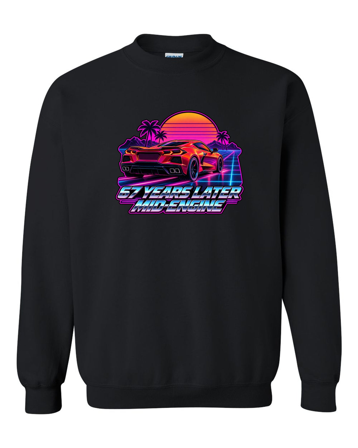 Spec-sheet data plate with overhead view of a 2023 C8 Corvette Z06 black crewneck front view with the design