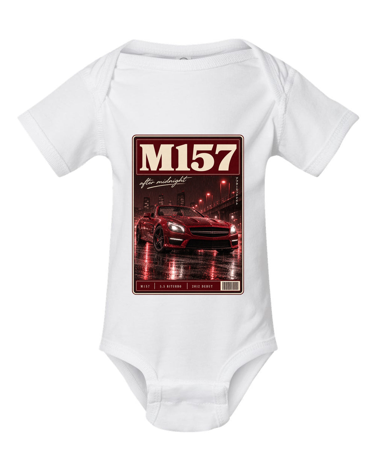 Mercedes-Benz SL63 R231 low front three-quarter night street scene in red monochrome white baby onesie front view with the design